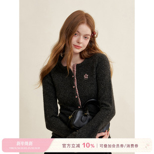 圆领针织开衫 Kroche 拼接格纹修身 羊毛混纺 上衣 浪漫格调