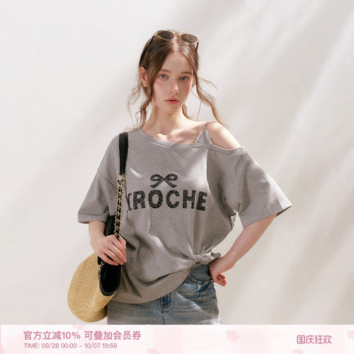 蕾丝logo印花扭结露肩宽松短袖