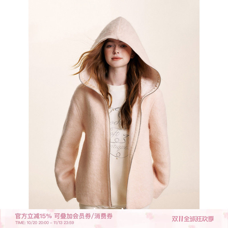 卢昱晓同款Kroche「60羊毛」柔雾蜜桃粉宽松双拉链保暖毛呢厚外套