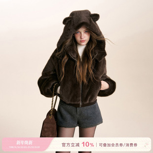宽松短版 Kroche 皮毛一体 小熊绒冬 小熊连帽立领毛绒外套 25aw