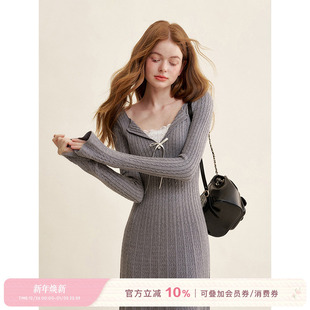 长款 Kroche 假两件拼接修身 蕾丝花边 针织连衣裙 浪漫邂逅