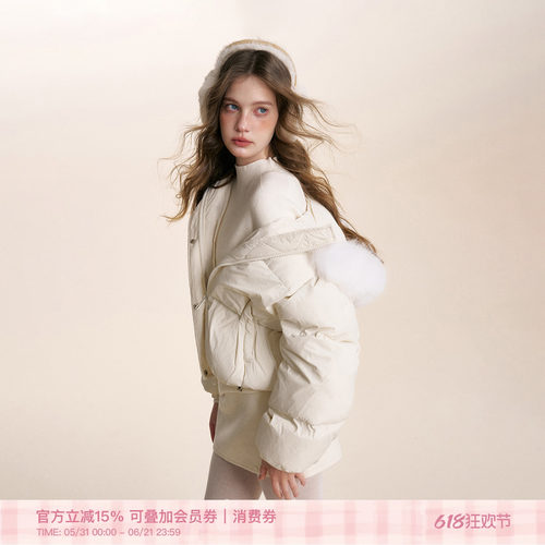 可拆卸毛领连帽白鸭绒羽绒服外套