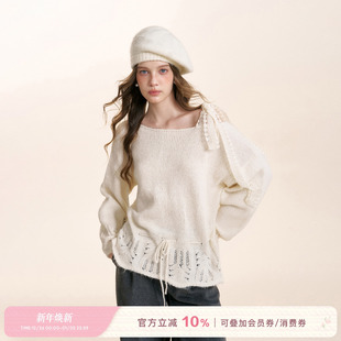 羊毛混纺 浪漫蕾丝 蕾丝系带抽绳花边露肩套头毛衣 25aw Kroche
