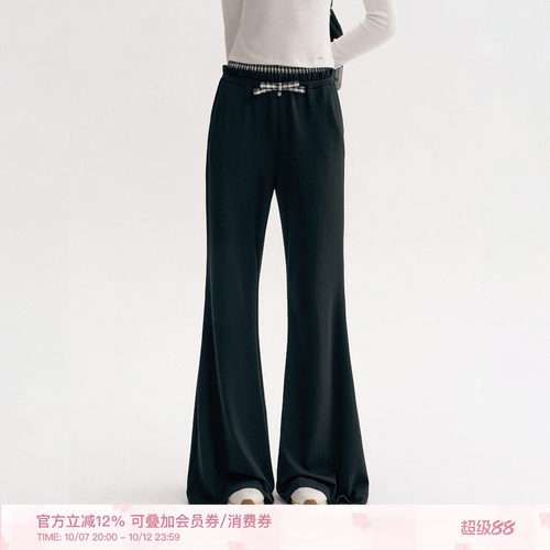 格纹拼接双腰头蝴蝶结微喇休闲裤