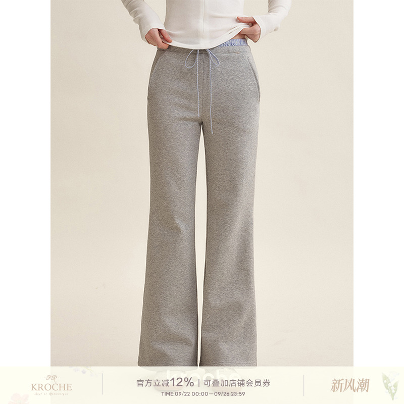 格纹拼接高腰微喇休闲裤卫裤