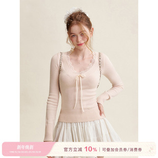 柔雾蜜桃蝴蝶结系带V领针织衫 浪漫蕾丝 上衣 Kroche 邓恩熙同款