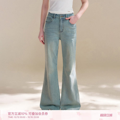 蝴蝶结做旧水洗宽松微喇牛仔裤