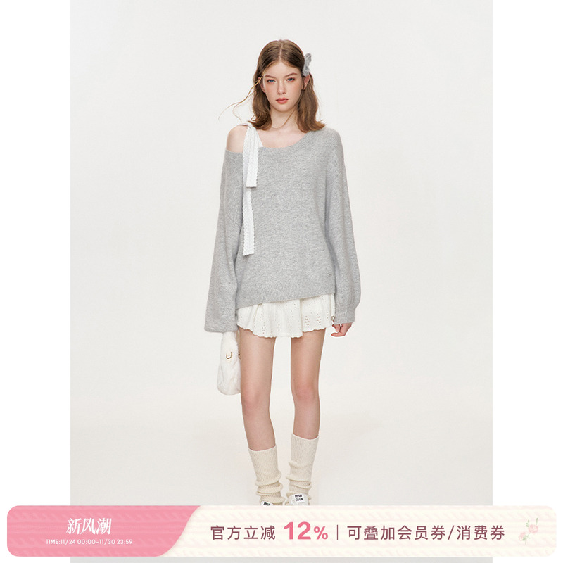 Kroche蝴蝶结蕾丝肩带毛衣