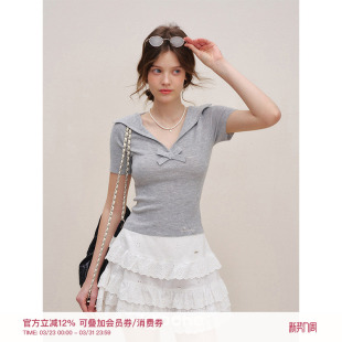 V领蝴蝶结针织短袖 桑蚕丝羊毛混纺 Balletcore Kroche