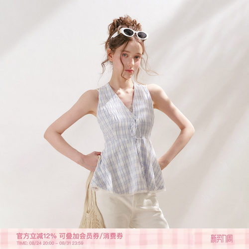 蕾丝花边拼接格纹V领系带背心