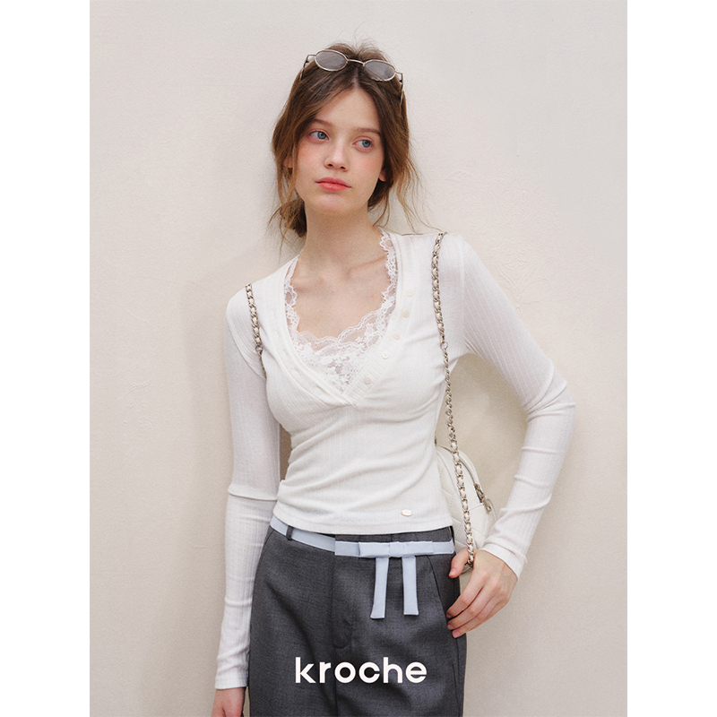 Kroche 25ss【点击详情页跳转购买】蕾丝拼接修身针织衫