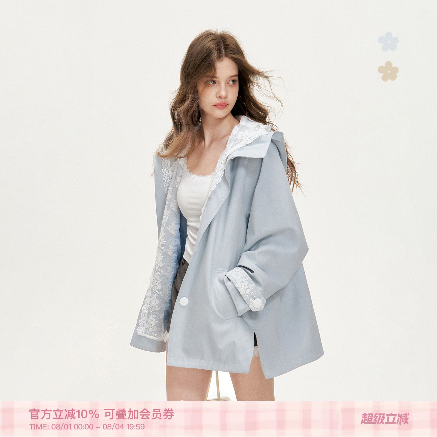 Kroche 26ss「天丝棉」春花瀑布 假两件法式蕾丝宽松连帽风衣外套 - 实物图