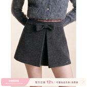 Kroche 浪漫格调 格纹拼接双腰头立体蝴蝶结A字半裙