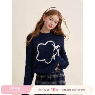 蕾丝花边宽松圆领针织毛衣 五瓣花盘带绣 Kroche 羊毛混纺