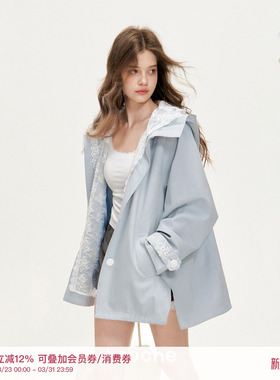 Kroche 26ss「春花瀑布」天丝棉 假两件蕾丝拼接连帽风衣外套