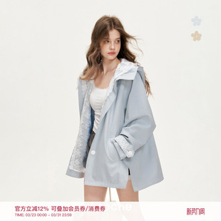 假两件蕾丝拼接连帽风衣中长款 Kroche 天丝棉 浪漫蕾丝 外套 26ss