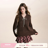 Kroche 馥郁巧克力 交叉绑带圈圈羊羔毛宽松翻领毛衣