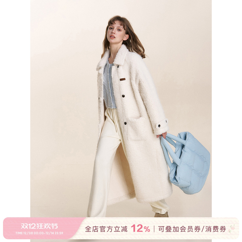 Kroche羊羔毛混纺翻领双排扣大衣