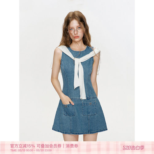 A字连衣裙法式牛仔分割线设计