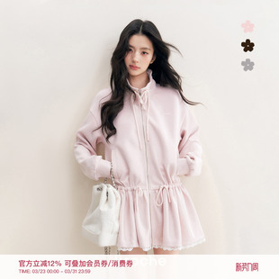 Kroche 撞色立领抽绳蕾丝花边收腰卫衣外套连衣裙 慵懒休闲