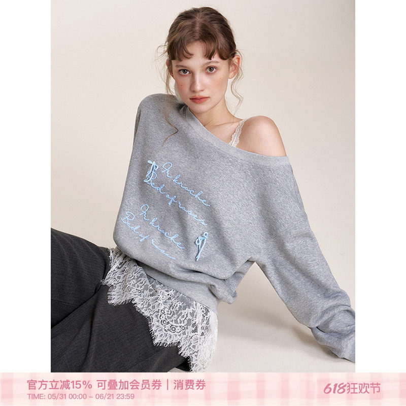 孔雪儿同款 Kroche  Blokette 斜肩撞色毛线绣暖芙绒灰色卫衣