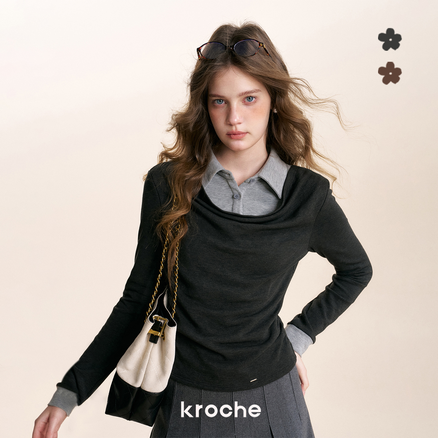 撞色假两件荡领收腰抽褶针织衬衫