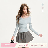 长袖 Kroche T恤 浪漫 柔软羊毛褶皱交叉领一字肩露肩修身 26ss 法式