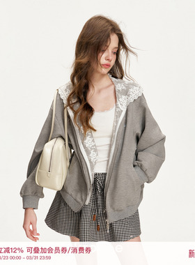 Kroche 26ss Blokette 蕾丝拼接连帽 莫代尔空气层 拉链卫衣外套