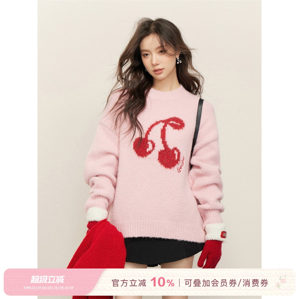 撞色樱桃提花宽松圆领粉色毛衣