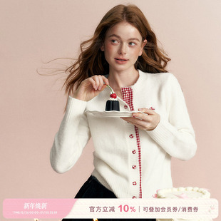 撞色格纹拼接圆领针织毛衣开衫 Kroche 羊毛混纺 浪漫格调 25aw