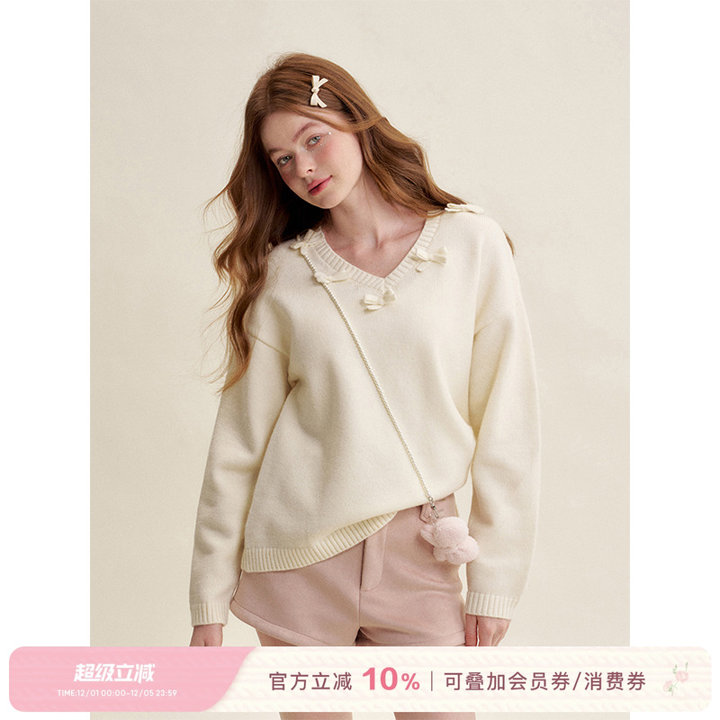 Kroche 25ss bowknot 羊毛混纺 立体蝴蝶结V领宽松套头毛衣