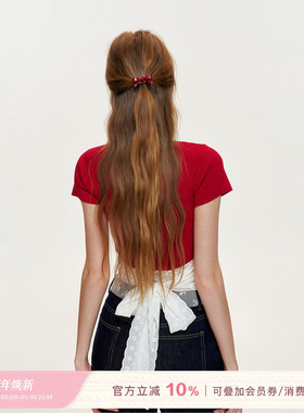 姚晓棠同款 Kroche 25ss 可拆卸蕾丝系带露腰修身针织正肩短袖T恤