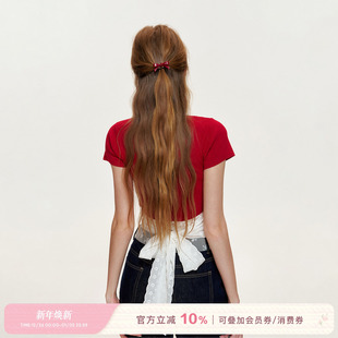 针织正肩短袖 姚晓棠同款 可拆卸蕾丝系带露腰修身 25ss T恤 Kroche