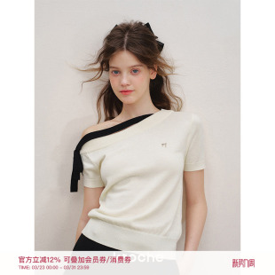 针织衫 Kroche 斜肩撞色蝴蝶结绑带短袖 羊毛混纺 Balletcore