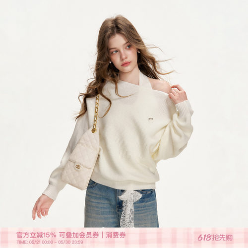 挂脖吊带+华夫格肌理斜肩针织衫
