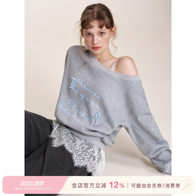 斜肩撞色毛线绣暖芙绒灰色卫衣