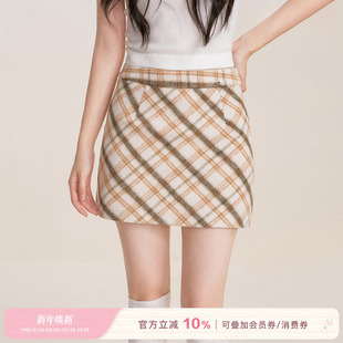 撞色格纹A字毛呢短款 Kroche 羊毛混纺 黄油曲奇格调 半身裙 25aw