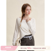 莫代尔棉 浪漫蕾丝 法式 Kroche 蕾丝拼接一字领斜肩长袖 T恤