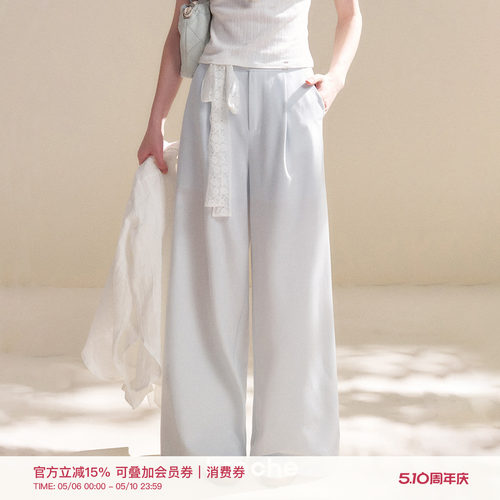 亚麻垂感腰头蕾丝绑带宽松阔腿裤