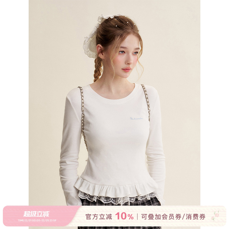 法式蕾丝荷叶边纯棉修身长袖T恤