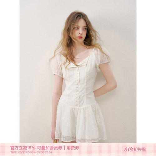 法式花卉刺绣泡泡袖连衣裙