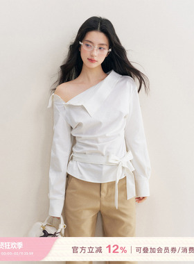 Kroche  Geek chic 舒适棉感不规则抽褶系带修身斜肩长袖衬衫