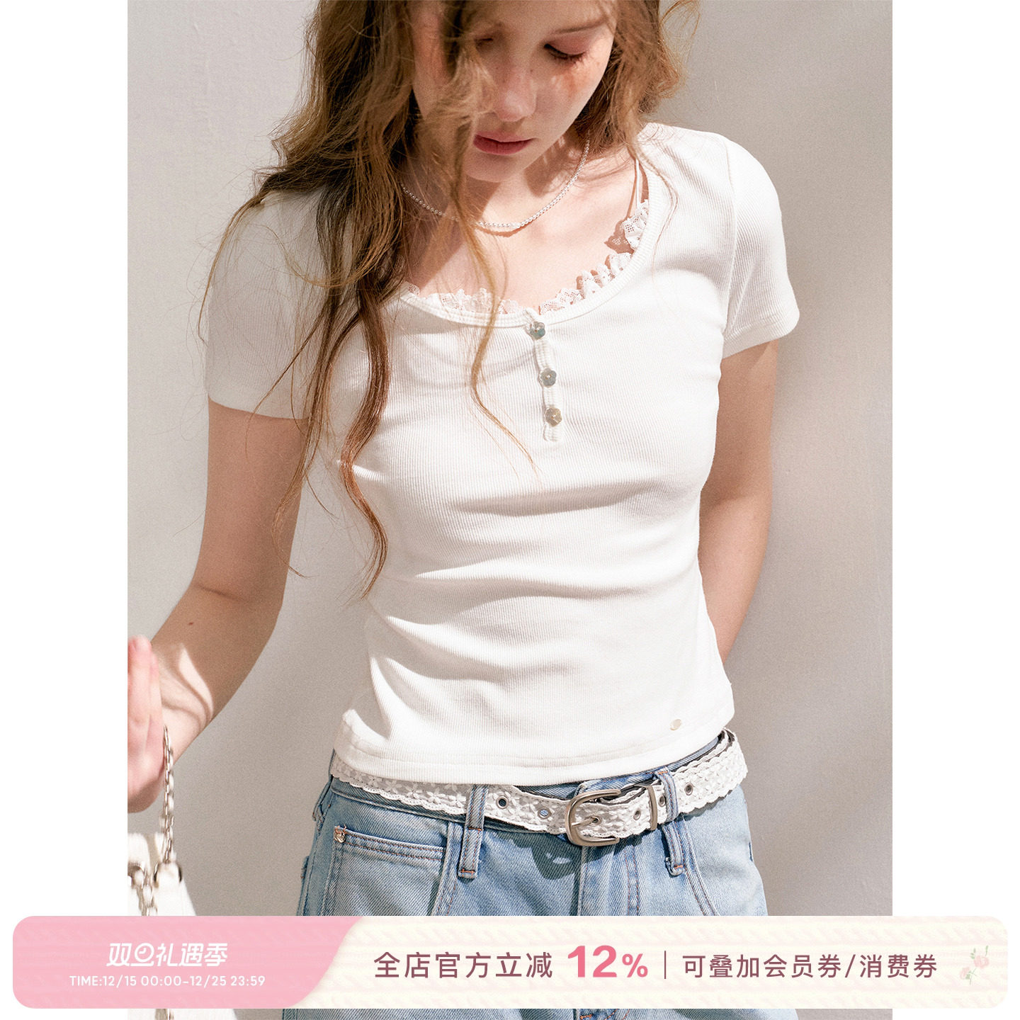 法式蕾丝假两件修身短袖T恤