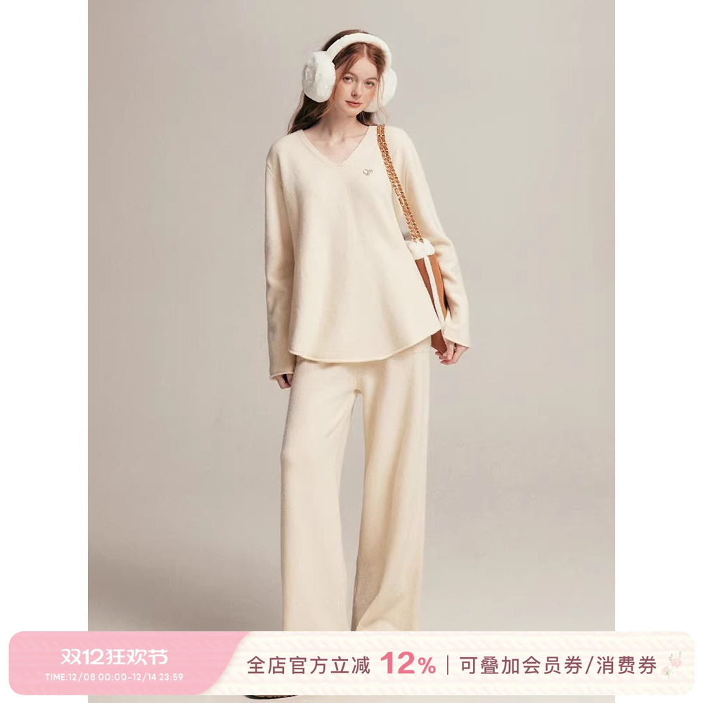 慵懒风卷边针织毛衣阔腿裤套装