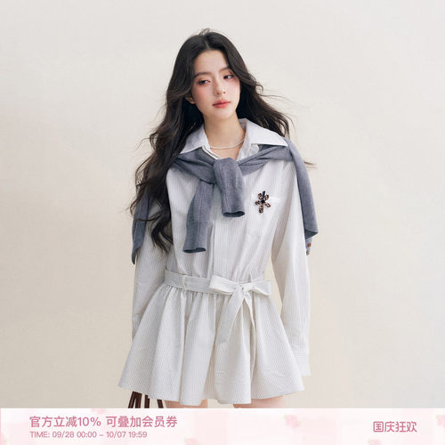 假两件撞色条纹系带衬衫连衣裙