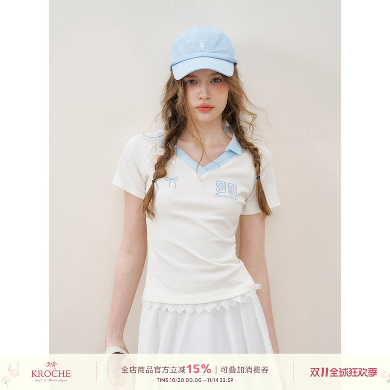 撞色刺绣棉质polo领球服短袖T恤