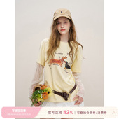 王楚然同款 T恤 蕾丝拼接假两件棉质长袖 Kroche 手绘腊肠狗