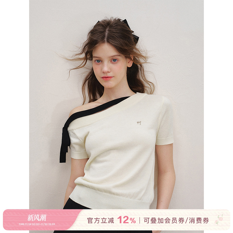 斜肩撞色蝴蝶结绑带短袖针织衫