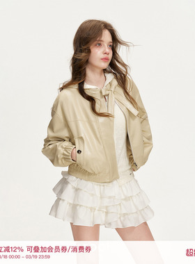 Kroche 26ss bowknot 柔软环保pu皮  领口蝴蝶结系带短款皮衣外套