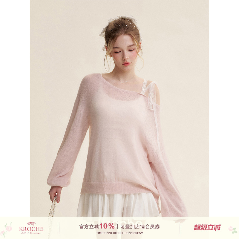 羊毛混纺蕾丝系带斜肩针织衫